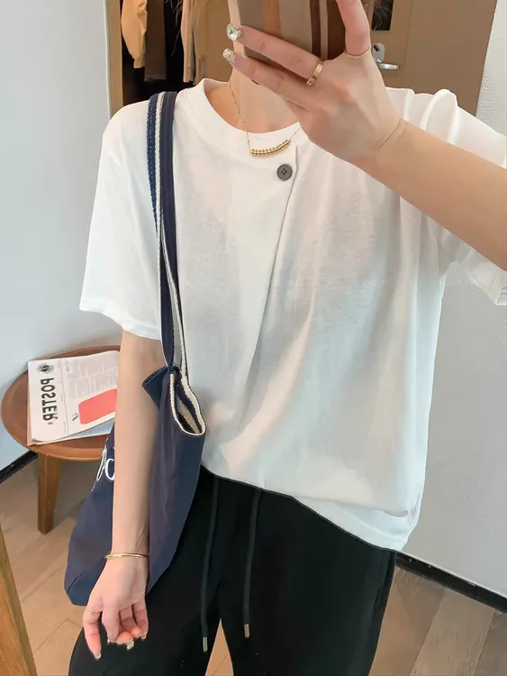 2025春季新款韩版棉质一粒扣白色短袖T恤女极简风内搭白T恤潮