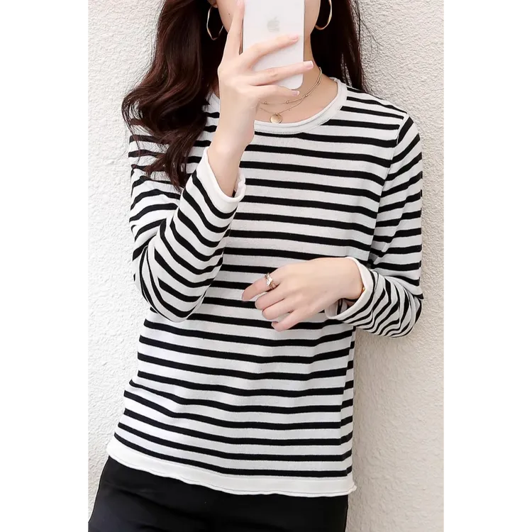 纯棉新疆棉 女士圆领条纹长袖针织打底衫