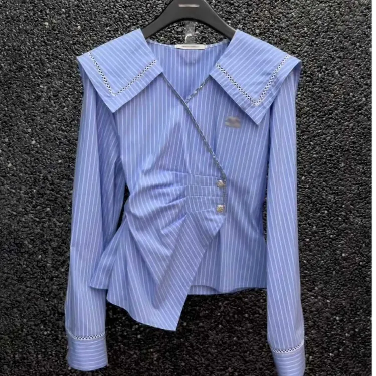 慵懒风海军领不规则衬衫女2025春季新款时尚百搭宽松显瘦长袖上衣