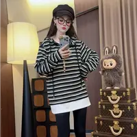 假两件撞色条纹连帽长袖针织衫秋装女2025新款早秋季时尚洋气上衣