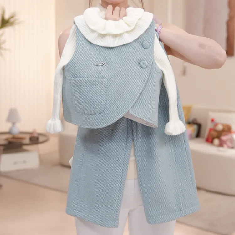 【海盐】女童秋冬夹棉厚马甲三件套加绒裤子毛衣套装休闲女孩D17634