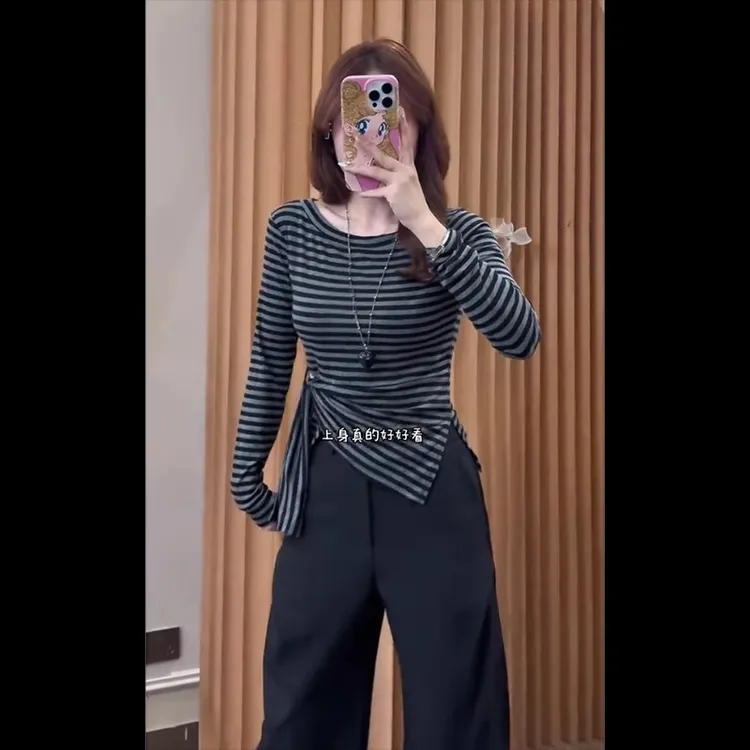 露肩甜辣长袖打底韩式早秋不规则开叉T恤修身显瘦条纹秋季上衣女