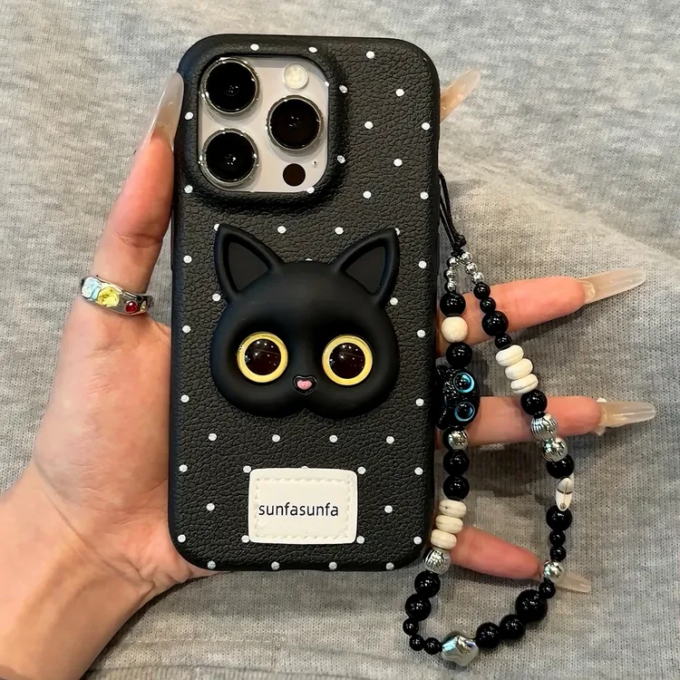 欧克里里ins波点个性黑猫适用iPhone16promax苹果13/15手机壳手链