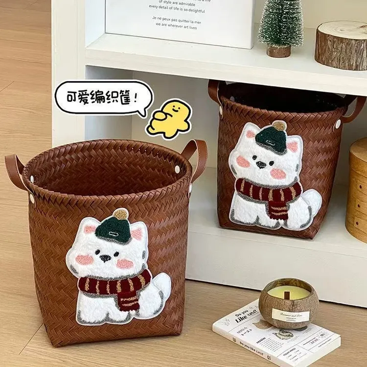 洛诺兔可爱长毛小狗加大圆款大容量编织脏衣篮复古仿藤编收纳筐