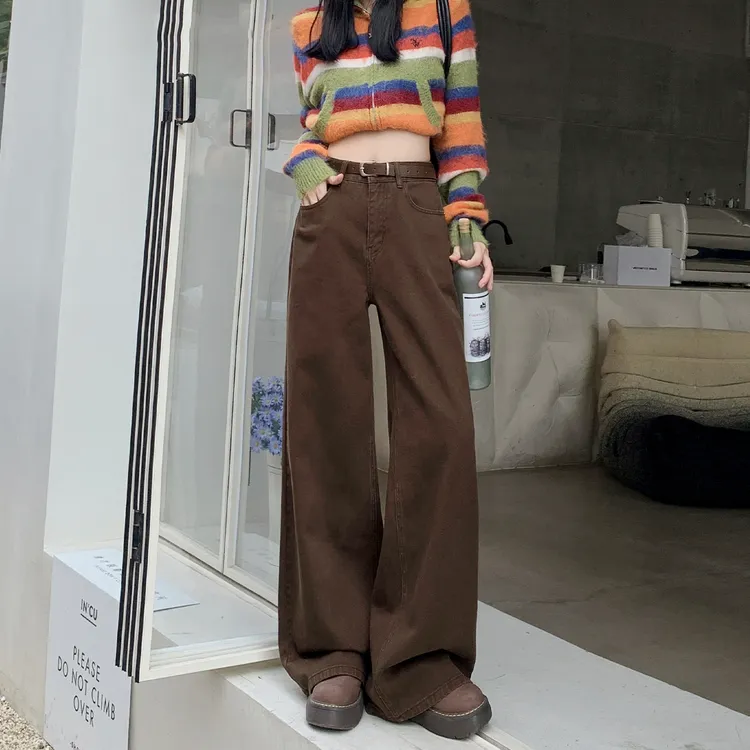 雪千羽美拉德棕咖色直筒裤2025新款宽松美式复古休闲阔腿牛仔裤女