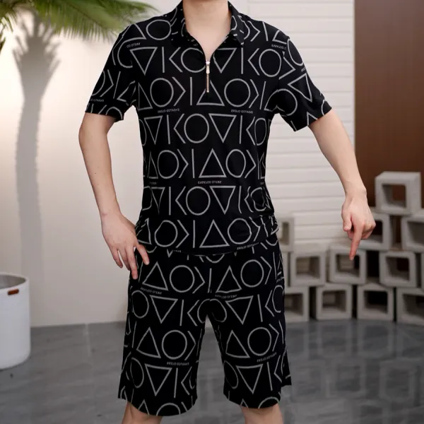 2025夏季男士欧货半袖翻领拉链图形轻奢短袖T恤短裤TZ7530