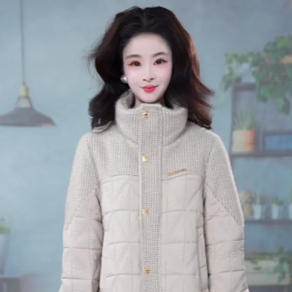 2025高级感小香风精致菱格拼接百搭减龄加厚棉服外套M-3XL