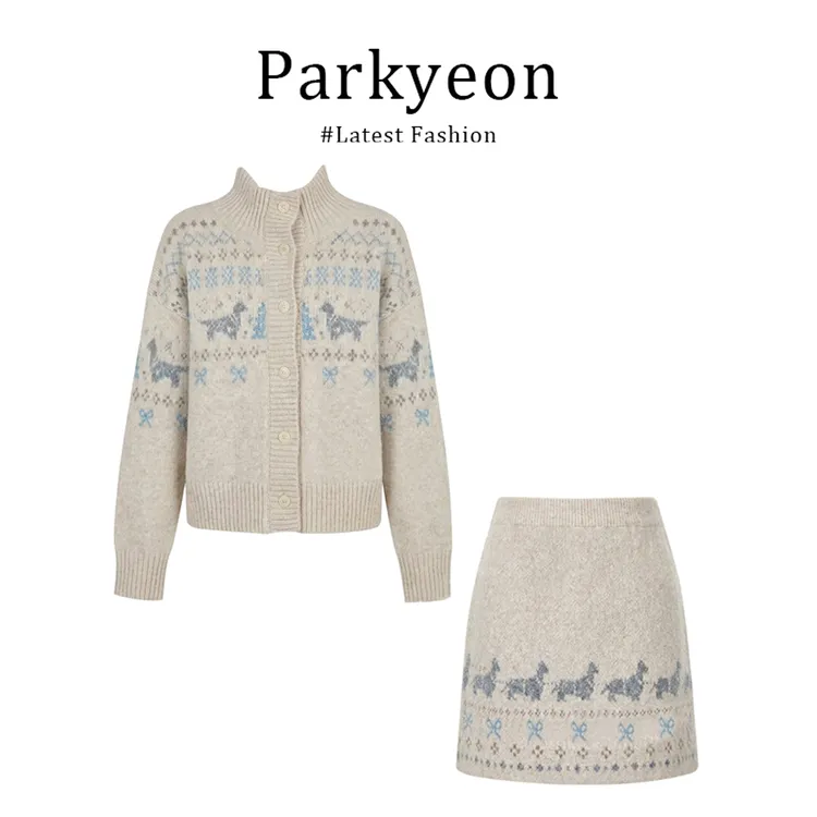 INS CEC高领费尔岛毛衣外套女冬季加厚毛织开衫休闲半身短裙套装