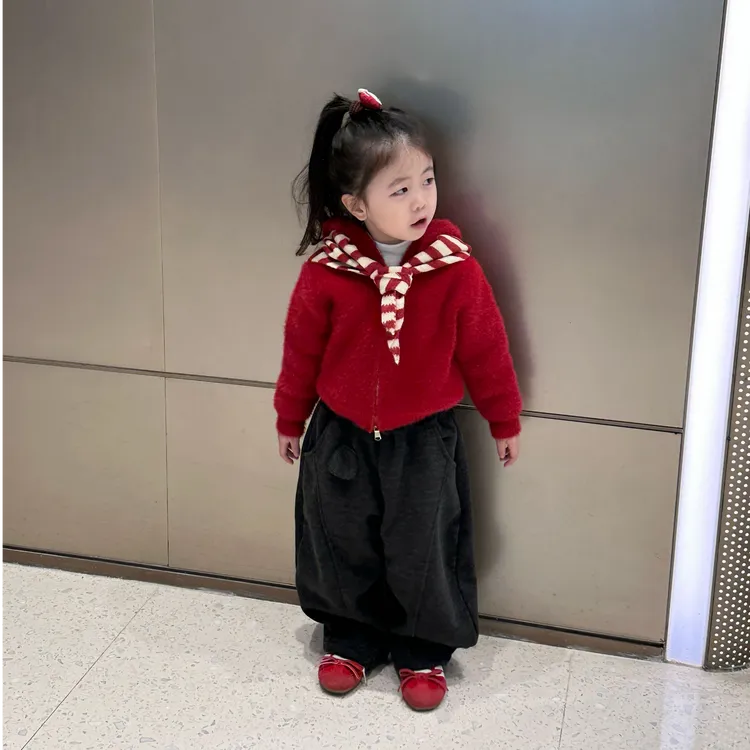 壹妈童装女童韩版套装秋冬款洋气儿童红色连帽外套百搭黑色休闲裤