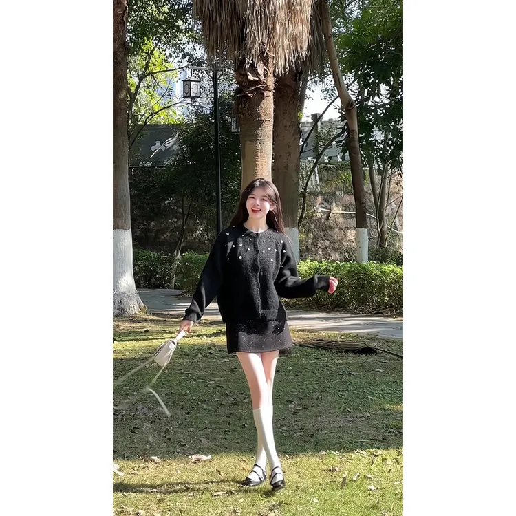 韩系慵懒复古高级感钉珠设计毛衣温柔甜美开衫半身裙包臀裙2025年