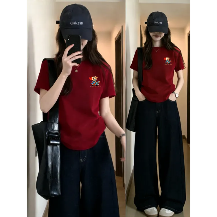 2026新款正肩显白圆领短袖t恤女胖mm大码穿搭遮肉红色本命年衣服