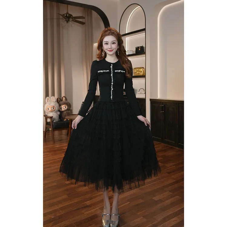 【晚晚定制】新款气质拼接修身名媛风长袖洋气蛋糕裙连衣裙65572