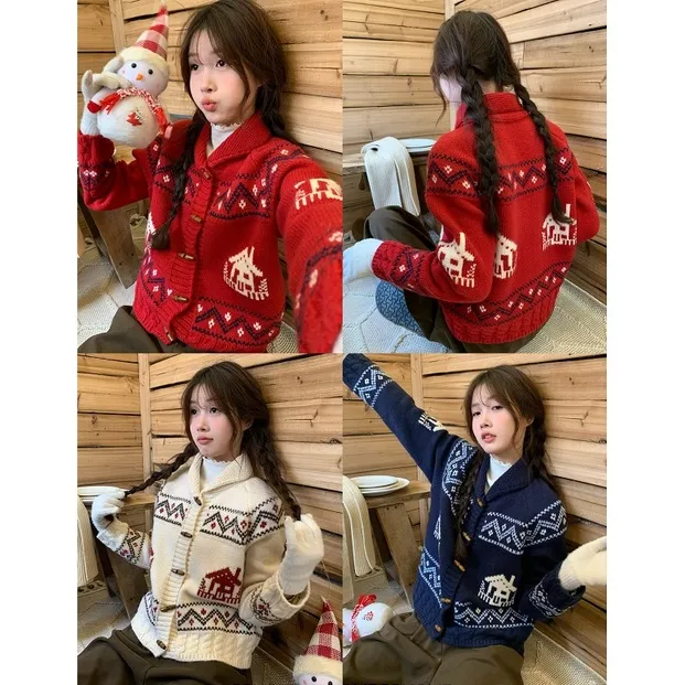 【圣诞雪屋】 重工加厚复古费尔岛翻领牛角扣毛衣外套可爱百搭开衫