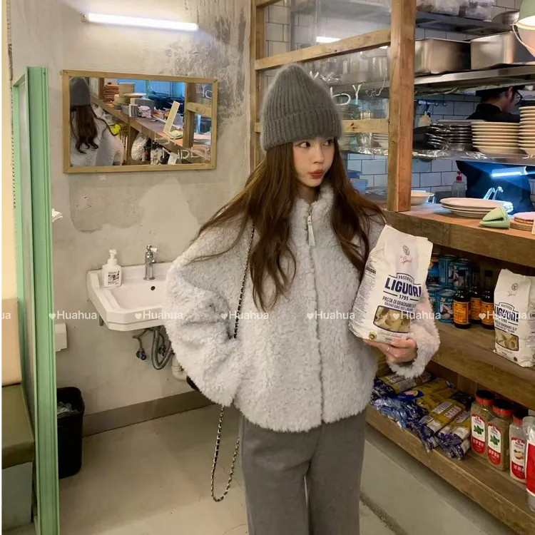【花花】冰雪奇缘~韩系时尚羊毛颗粒皮毛一体保暖立领外套