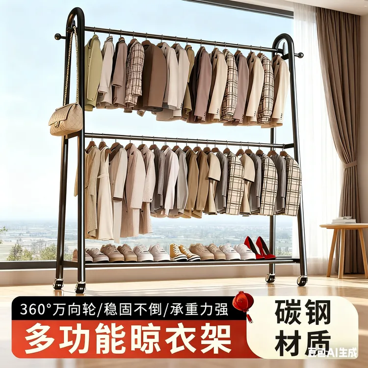 全新晾衣架【工厂甩尾价】卧室双层落地衣帽架家用床边可移动挂衣架