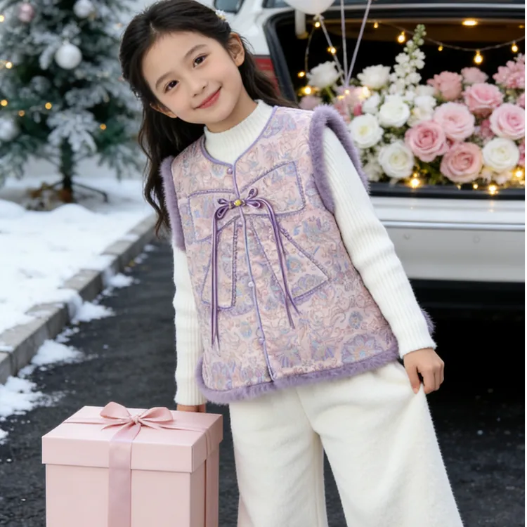 女童新中式洋气马甲新款冬季儿童夹棉保暖无袖上衣国潮女宝马甲