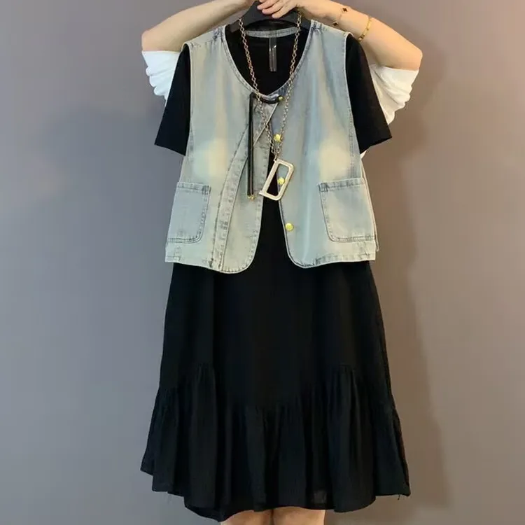 大维罗依LYR欧货水洗牛仔马甲套裙两件套