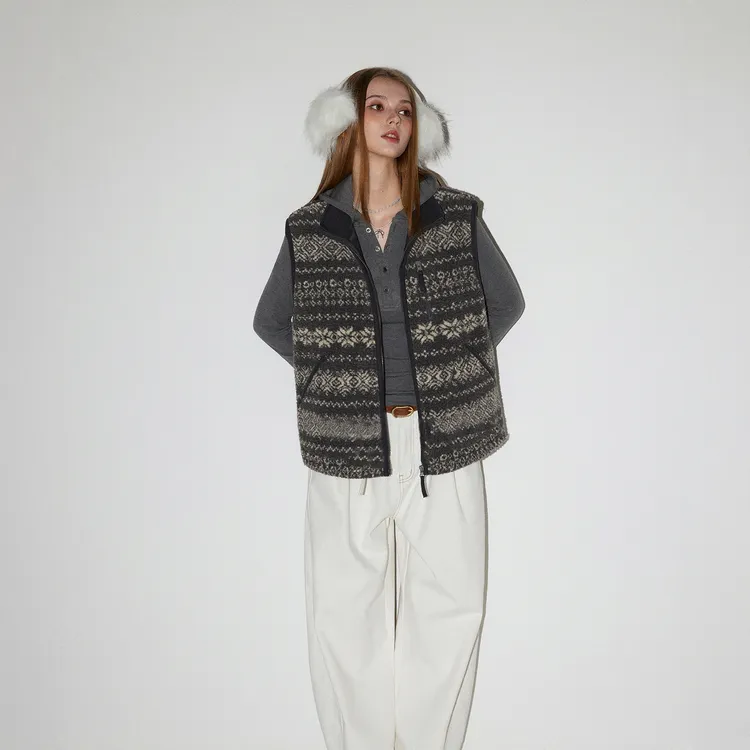 AD1S WPKD1美式复古费尔岛花纹绒马甲女秋冬慵懒休闲立领叠穿背心