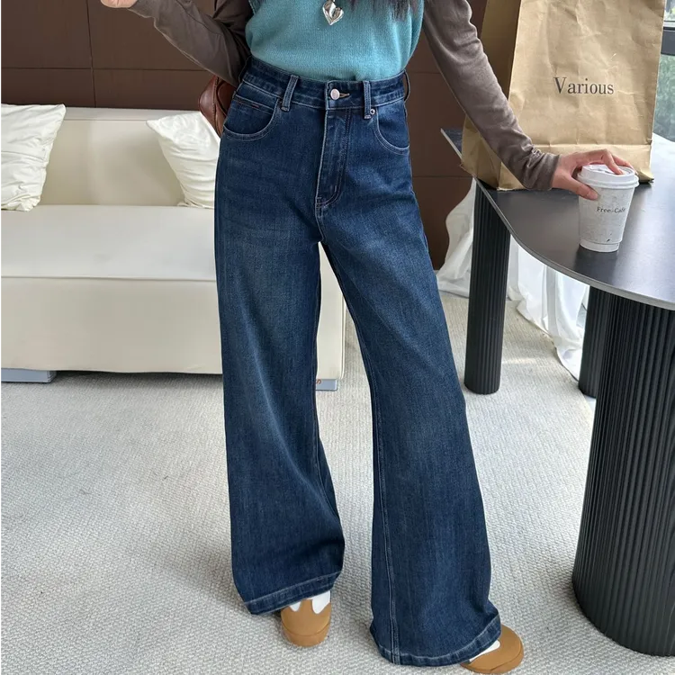 女款高个子四面弹大码牛仔直筒微喇裤梨形宽松显瘦春秋高腰裤子