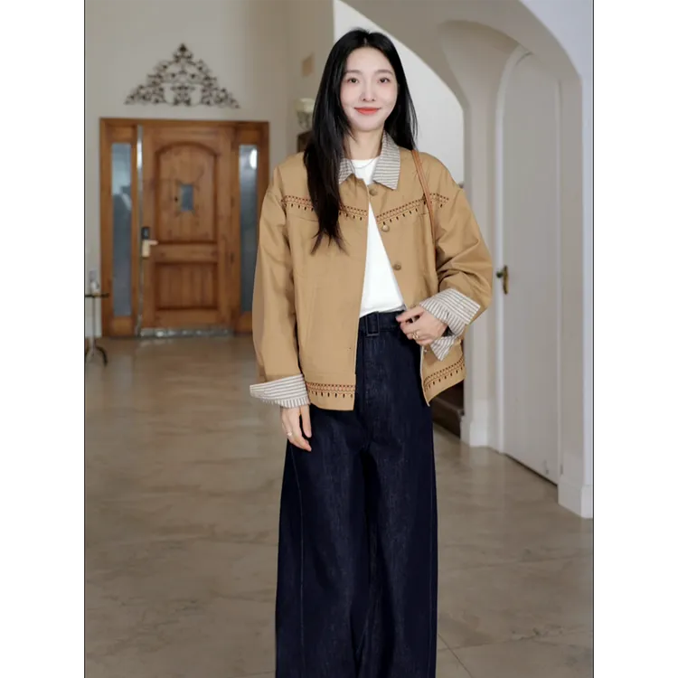 郭九九呢 纯棉美拉德设计感刺绣撞色外套阔腿牛仔裤 G924T14963