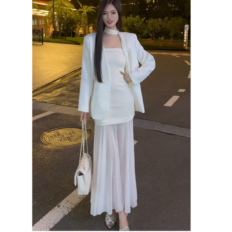 2025秋季新款气质高级感挂脖飘带西装外套修身吊带网纱连衣裙套装