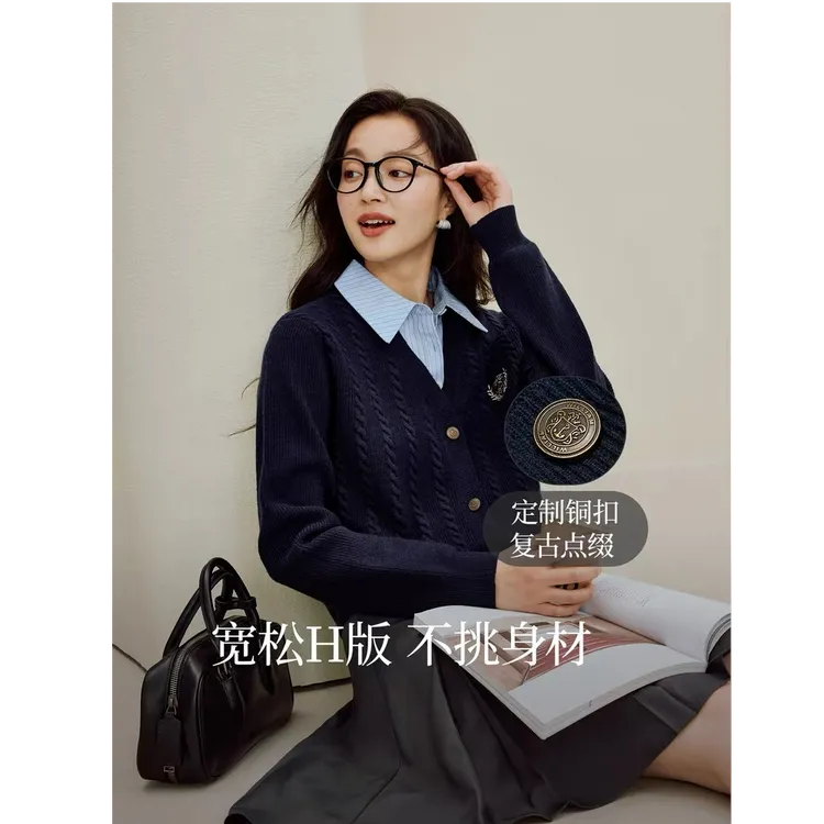 【保暖好物】茵曼25秋季学院风polo领假两件麻花毛衣英伦针织开衫