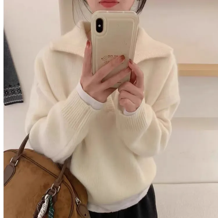 100%澳洲羊毛针织打底衫网红休闲长袖半开领羊毛衫百搭时尚毛衣女