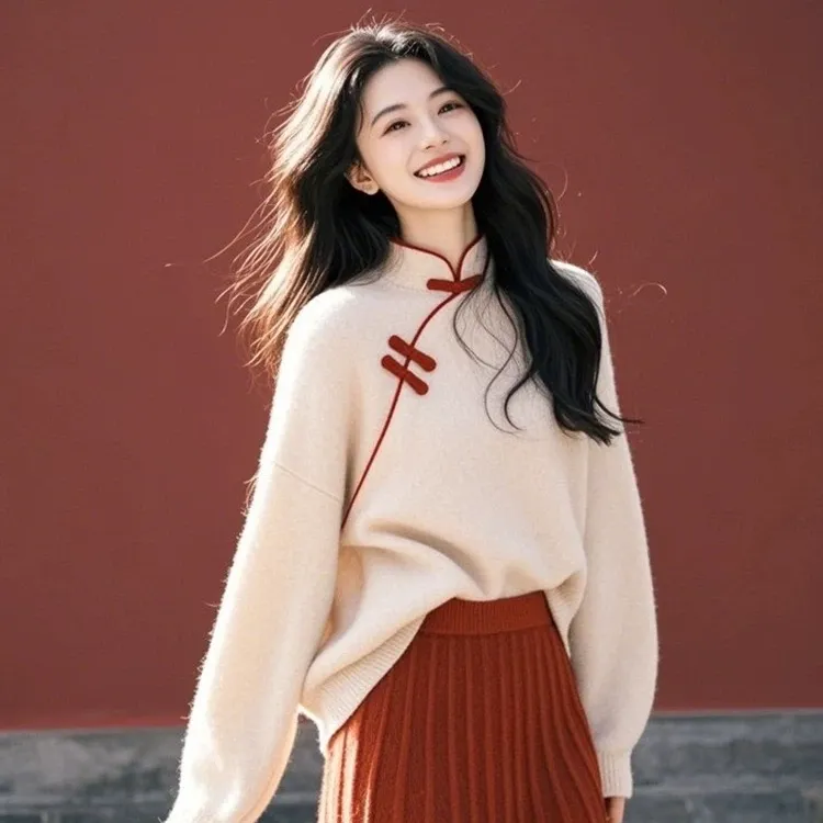 今年流行漂亮高级感超好看气质小香风新中式白色盘扣毛衣女套装冬