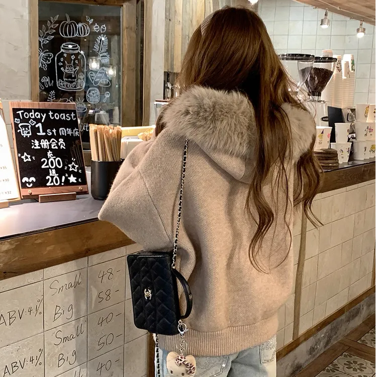 大毛领毛衣开衫外套女秋冬宽松显瘦软糯针织衫