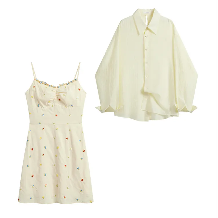 法式衬衫刺绣吊带连衣裙套装女2025新款夏季宽松两件套