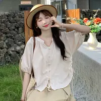 法式甜美抽绳褶皱灯笼袖衬衫女夏季新款宽松百搭短袖上衣TU19475