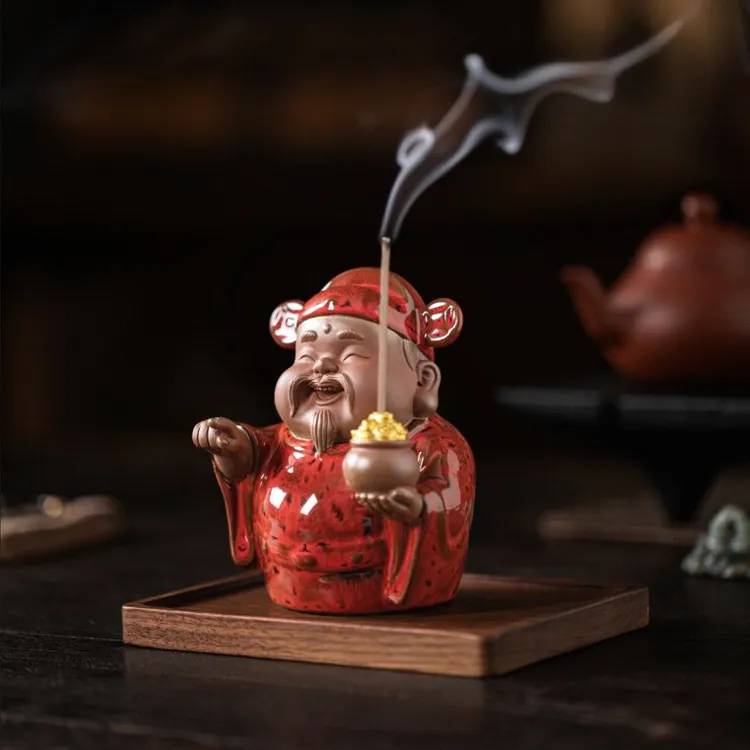 达人专属指你发财陶瓷小财神摆件家用室内线香炉香插禅意茶桌装饰品点香器
