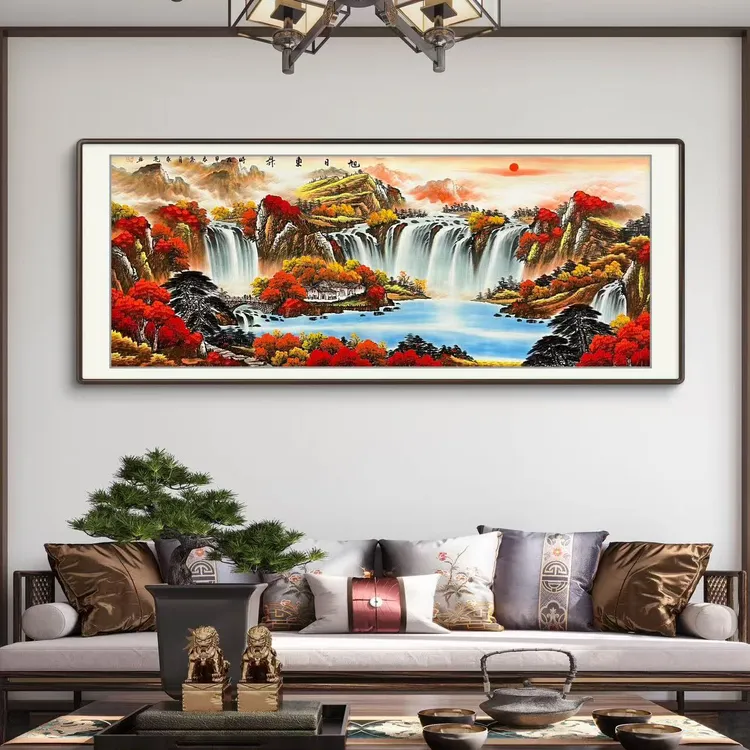 《旭日东升》纯手绘六尺山水国画作品2025背景文玩背靠探宝