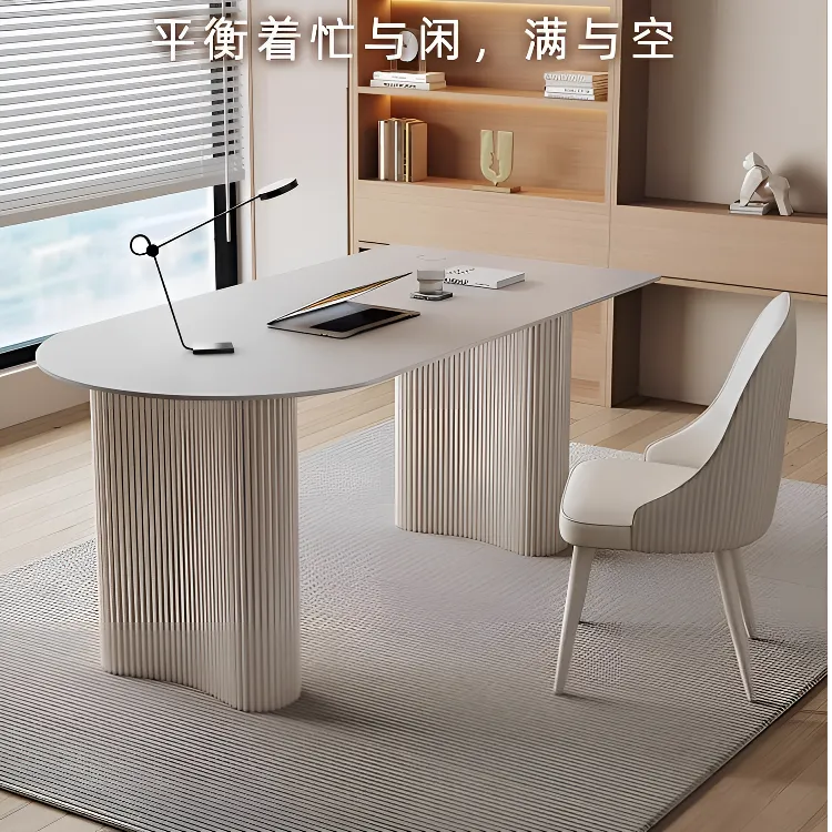 现代轻奢书桌简约家用岩板电脑桌子小户型奶油风阳台休闲办公桌子