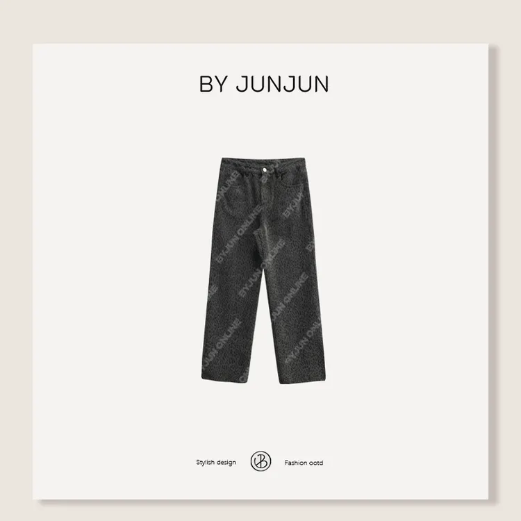 ByJunjun2025春夏新品【帅豹】 洗水黑豹纹小直筒牛仔裤