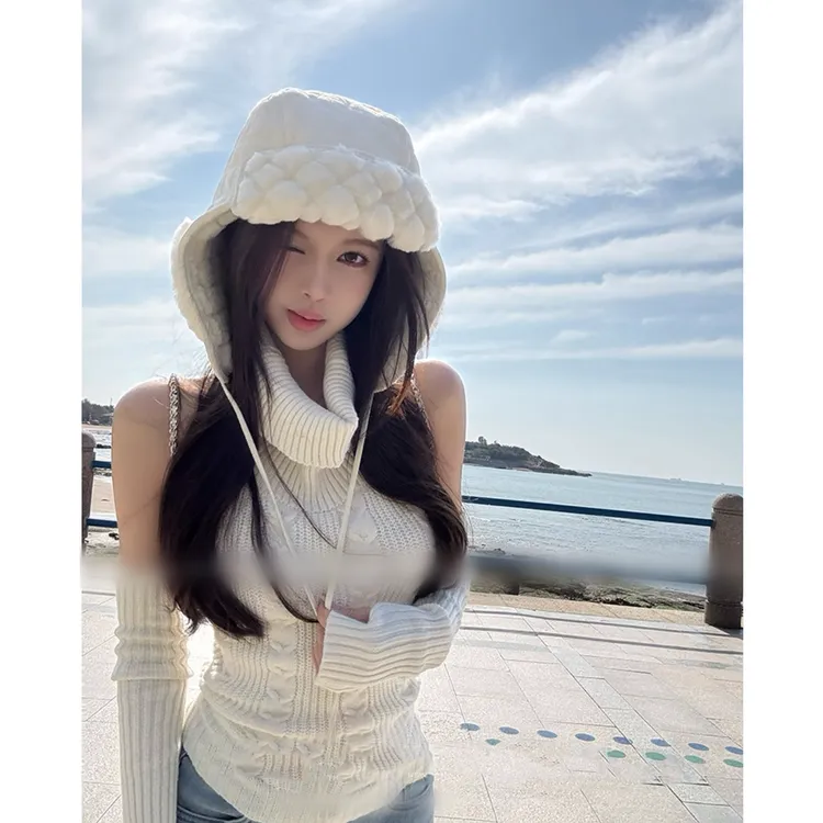 25年冬新款女内搭高领堆堆领断袖套露背纯色针织毛衣三件套F01201