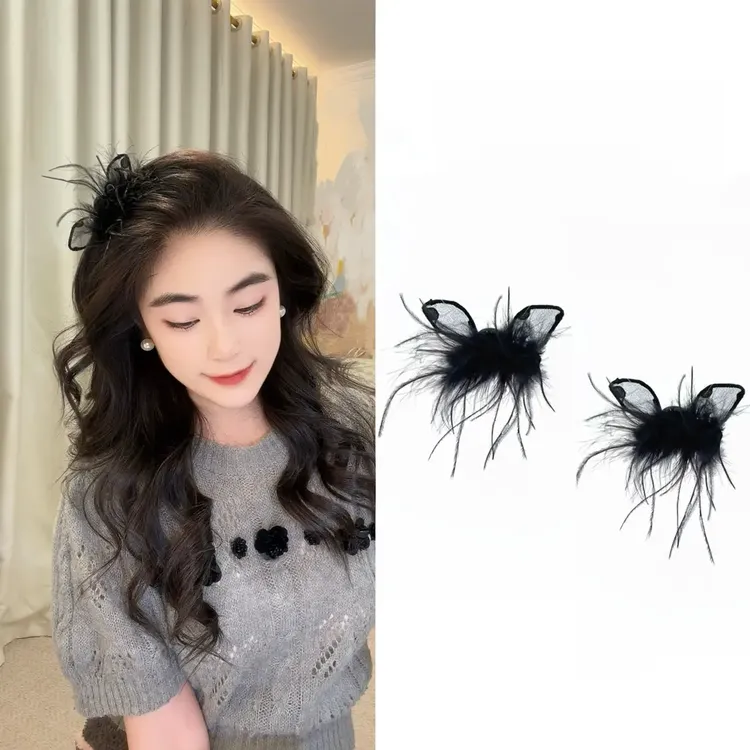 秋冬新款波点小耳朵羽毛刘海夹秋冬发饰日韩系法式超仙高级侧边夹