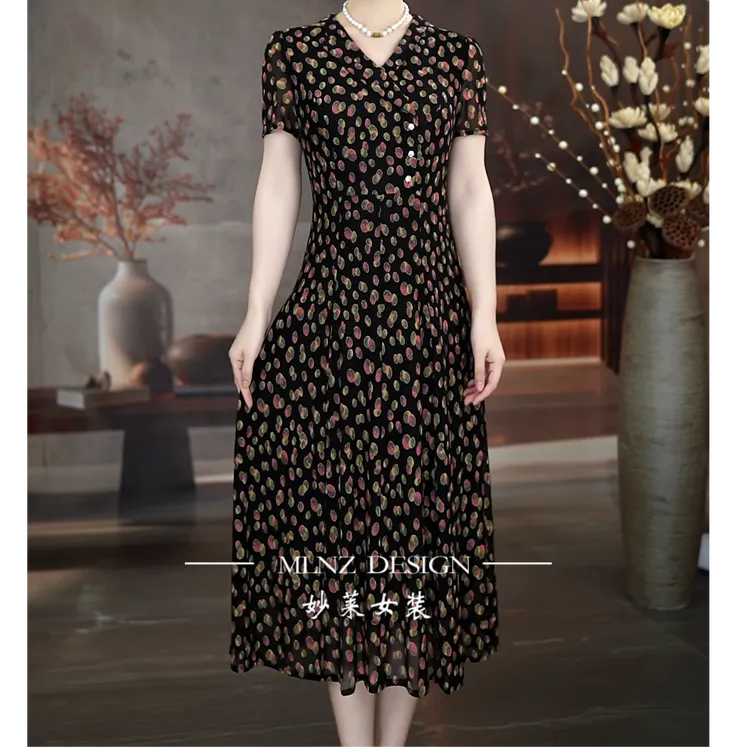 【妙莱圆点点】夏季新款台湾纱连衣裙洋气女装碎花女士中年波点裙