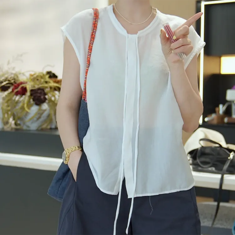 复古气质百搭系带宽松显瘦无袖衬衣C5224