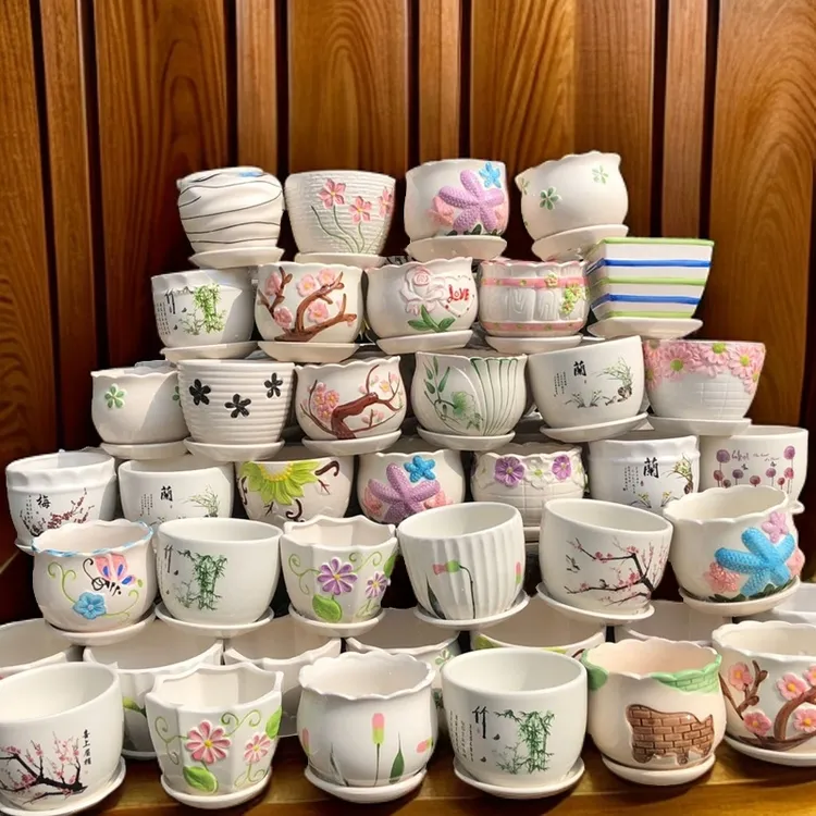 创意家用室内多肉花盆简约陶盆花篮花盆陶瓷大号简约绿萝带托盘