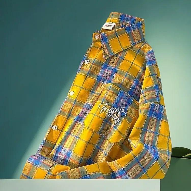 上衣衬衣秋季黄色格子长袖衬衫男友风宽松情侣休闲外套男女潮牌DS