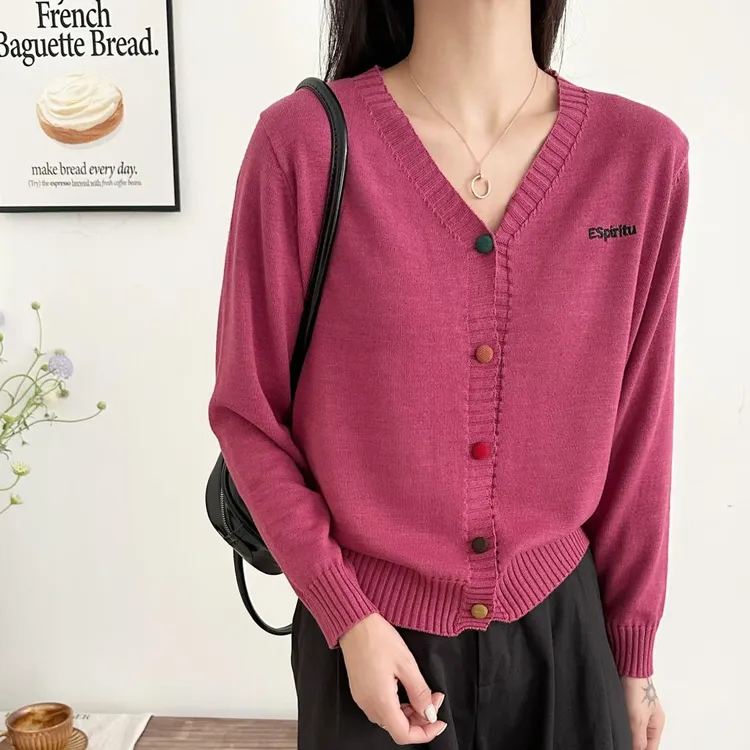 【正品现货】棉线V领五彩扣字母针织开衫春季女士薄款长袖针织外套