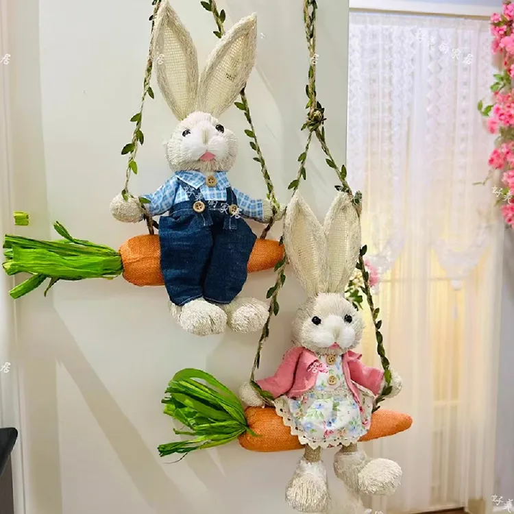 草编兔子墙面装饰品氛围布置童装店入户墙壁挂件电视背景吊饰道具