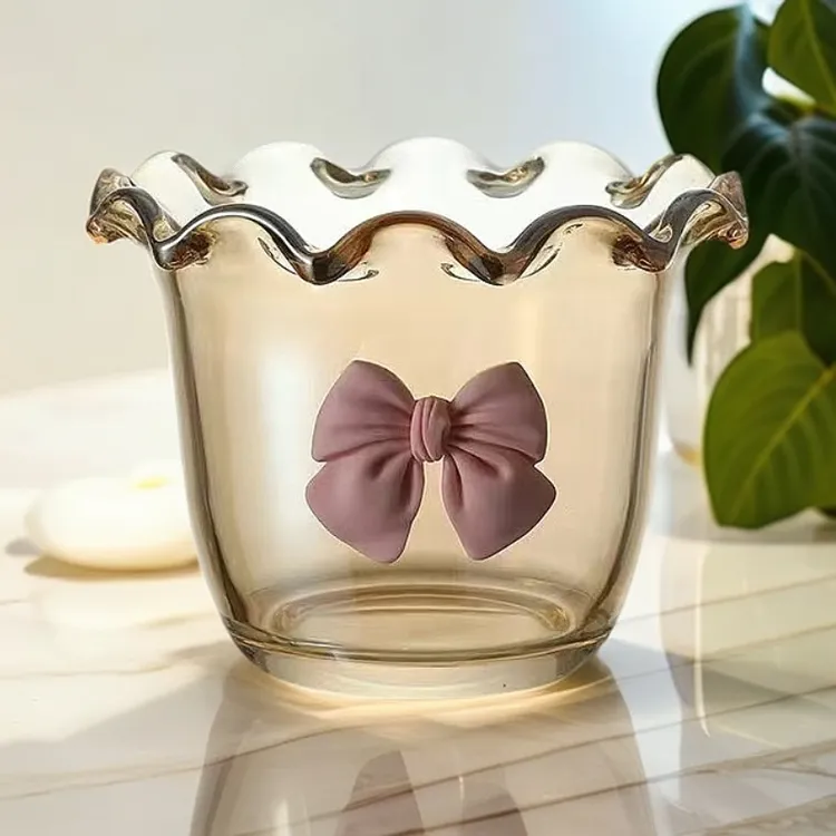 两只装琥珀色大号蝴蝶结玻璃杯公主风高颜值早餐杯冰淇淋杯