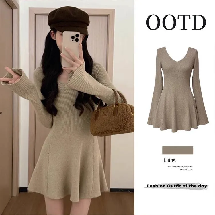 收腰v领针织打底连衣裙女秋冬大衣内搭法式毛衣裙显瘦穿搭a字短裙