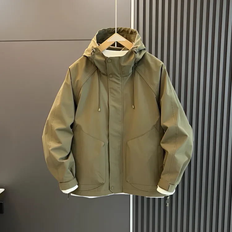 春秋季男士新款连帽外套加棉加厚防风冲锋衣潮流纯色百搭休闲夹克