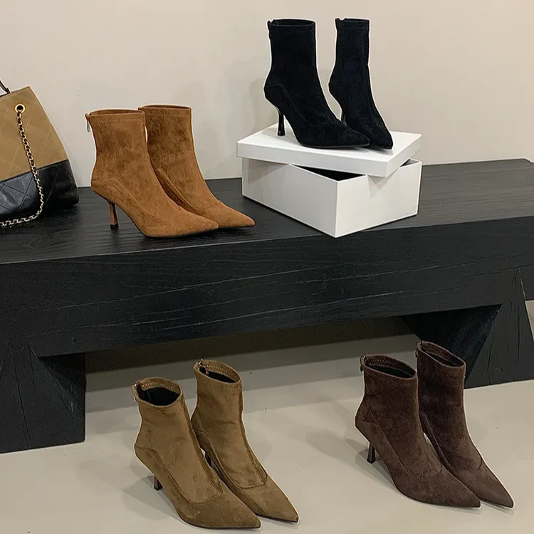 5cm-7cm2025冬季新款法式尖头瘦瘦靴时尚女靴高跟后拉链加绒短靴