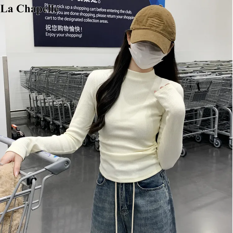 拉夏贝尔秋冬韩版气质修身纯色半高领褶皱设计长袖T恤内搭上衣女