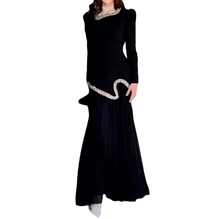 法式时尚拼接假两件重工烫钻压褶百褶礼服裙连衣裙女宴会晚礼服裙