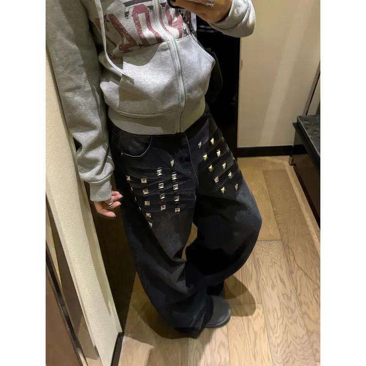 F383 美式复古水洗铆钉阔腿牛仔裤男女宽松休闲百搭潮流拖地长裤